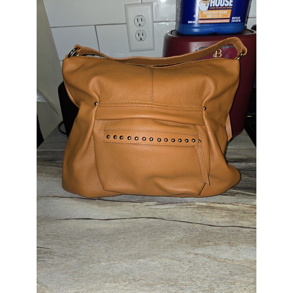 Laggo Joyce Genuine Leather Hobo Bag Purse Cognac Tan Gold Stud Detail